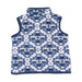 A sleeveless fleece vest with a geometric Southwestern pattern in navy blue, medium blue, and white, featuring solid navy trim.