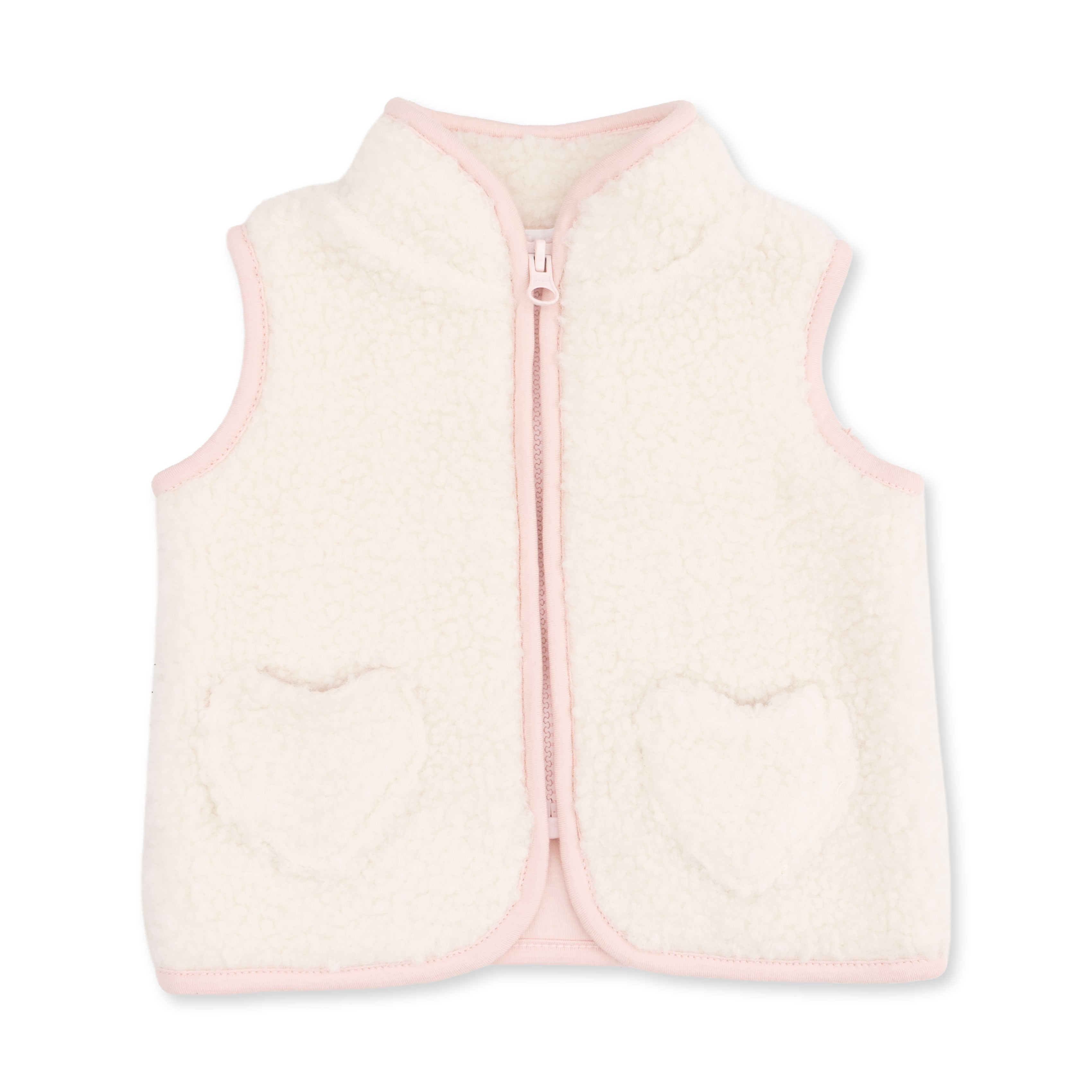 A cream-colored sherpa fleece vest with light pink trim, featuring a front zipper and two heart-shaped pockets on the front.