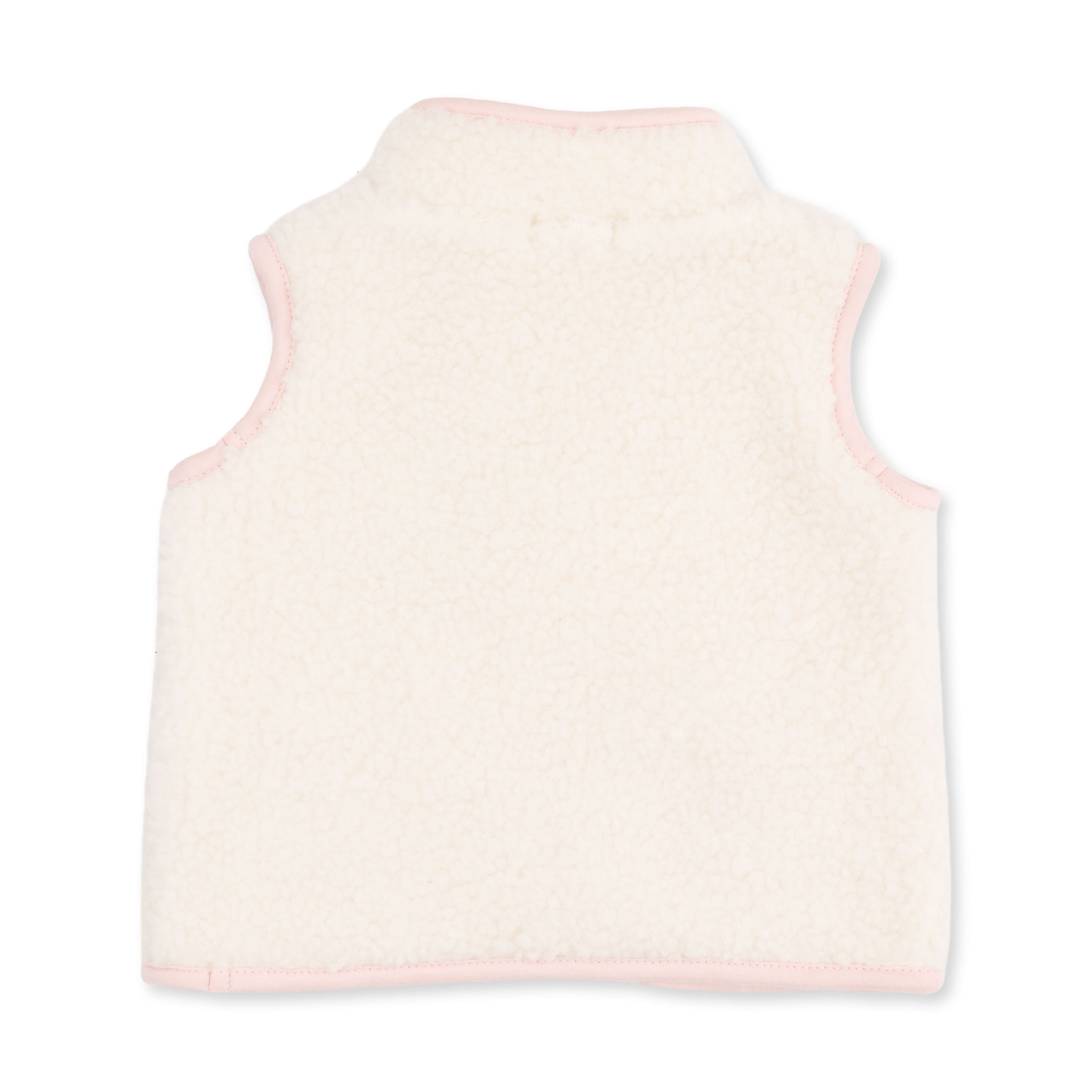 A sleeveless fleece vest in a warm off-white/cream color with light pink trim, shown from the back on a plain white background.