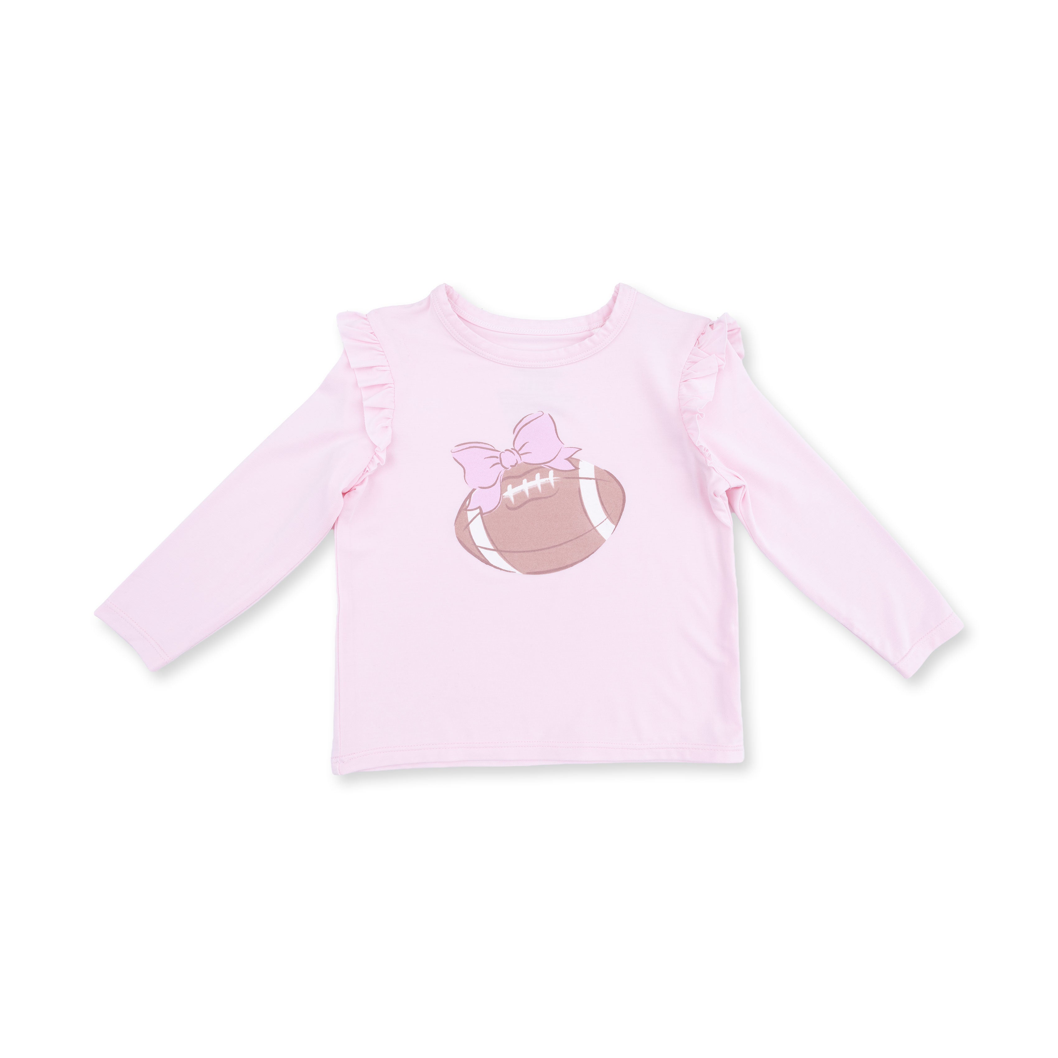 Pink long-sleeve shirt with football and bow design on a white background