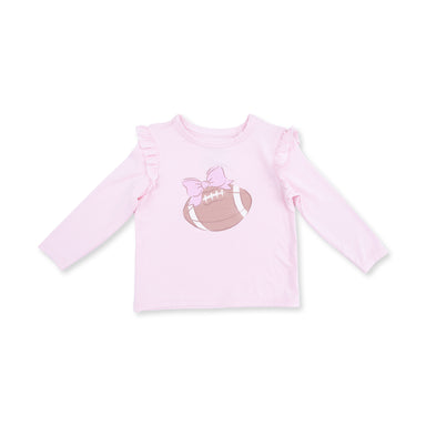 Pink long-sleeve shirt with football and bow design on a white background
