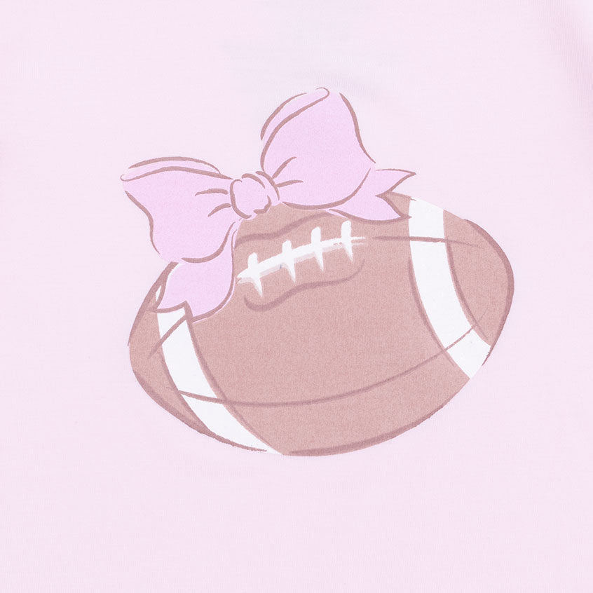 Illustration of a football with a pink bow on a light pink background
