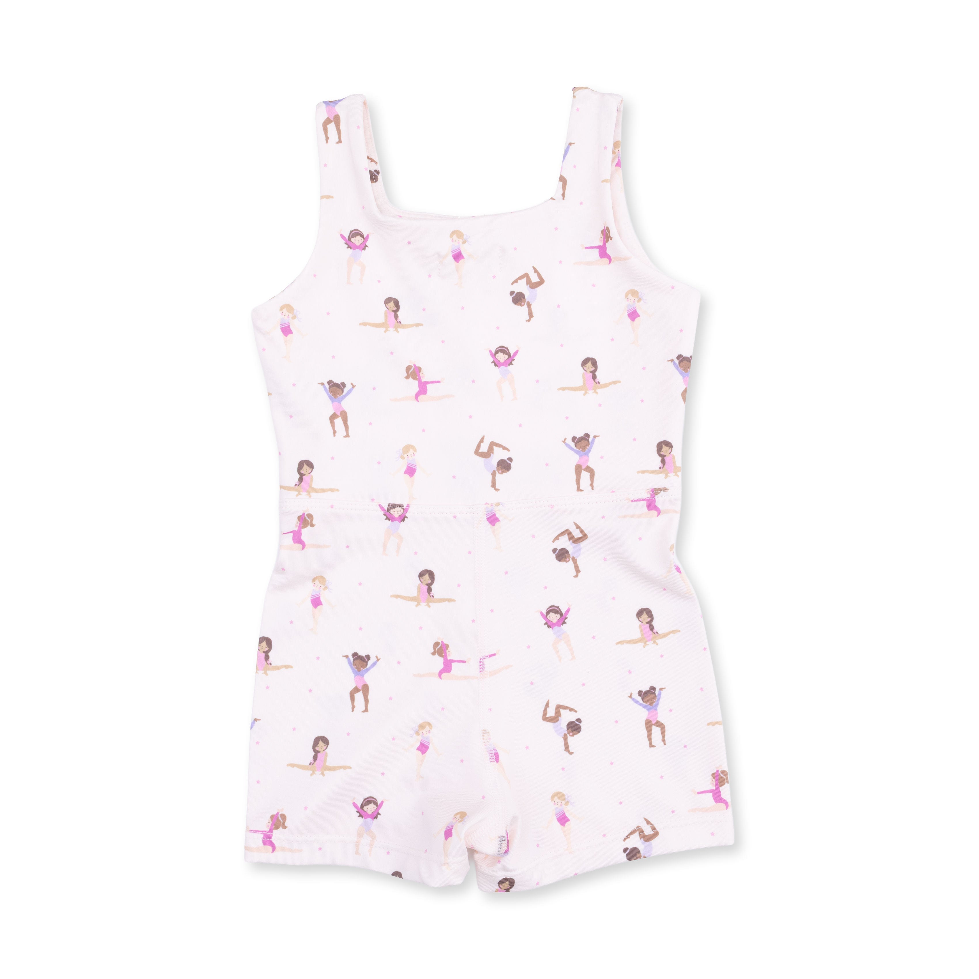 White tumbling outfit with tiny tumblers pattern on a white background