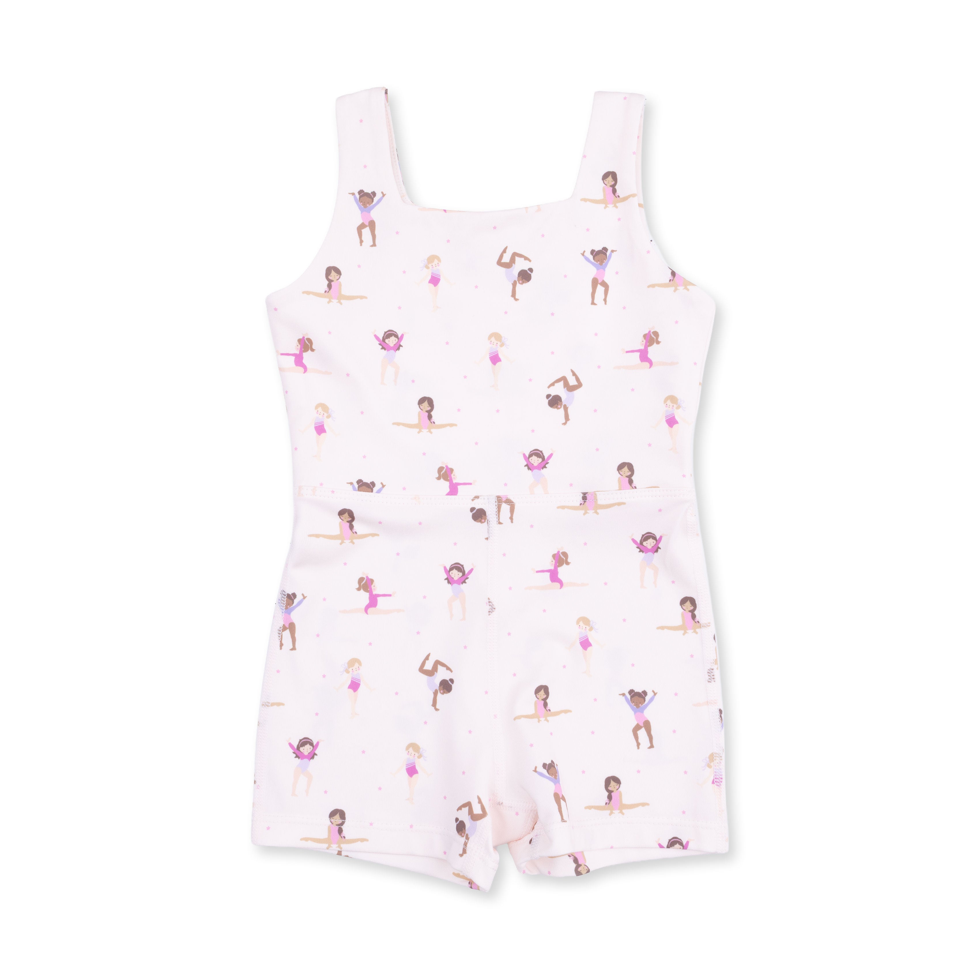 White tumbling outfit with tiny tumblers pattern on a white background
