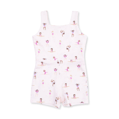 White tumbling outfit with tiny tumblers pattern on a white background