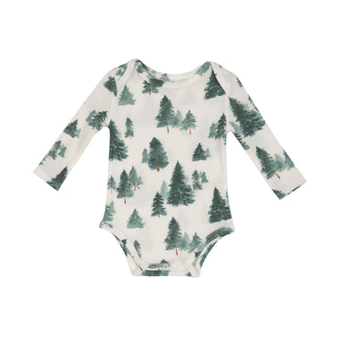 White bodysuit with a forest tree print