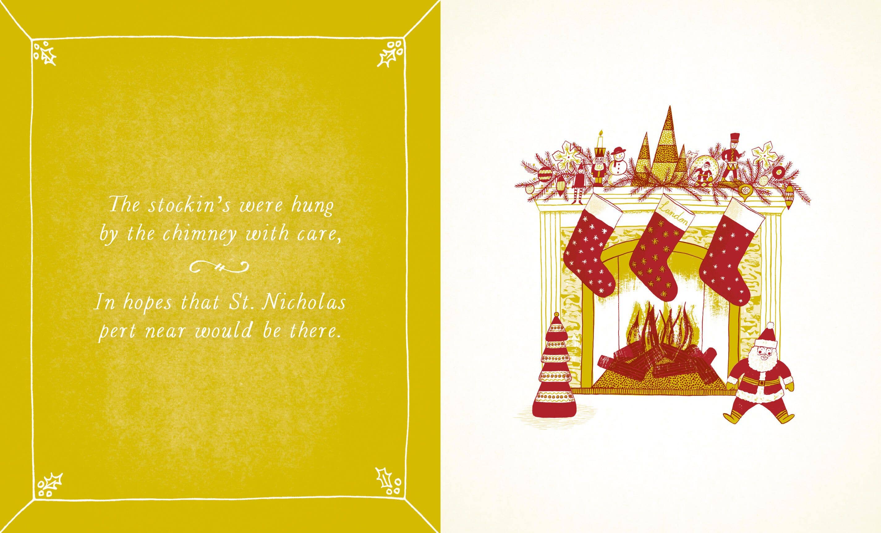 Open Christmas storybook showing a yellow poem page beside a festive fireplace with stockings Santa and holiday decorations