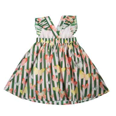 Children's dress with butterfly and green stripe pattern on a white background