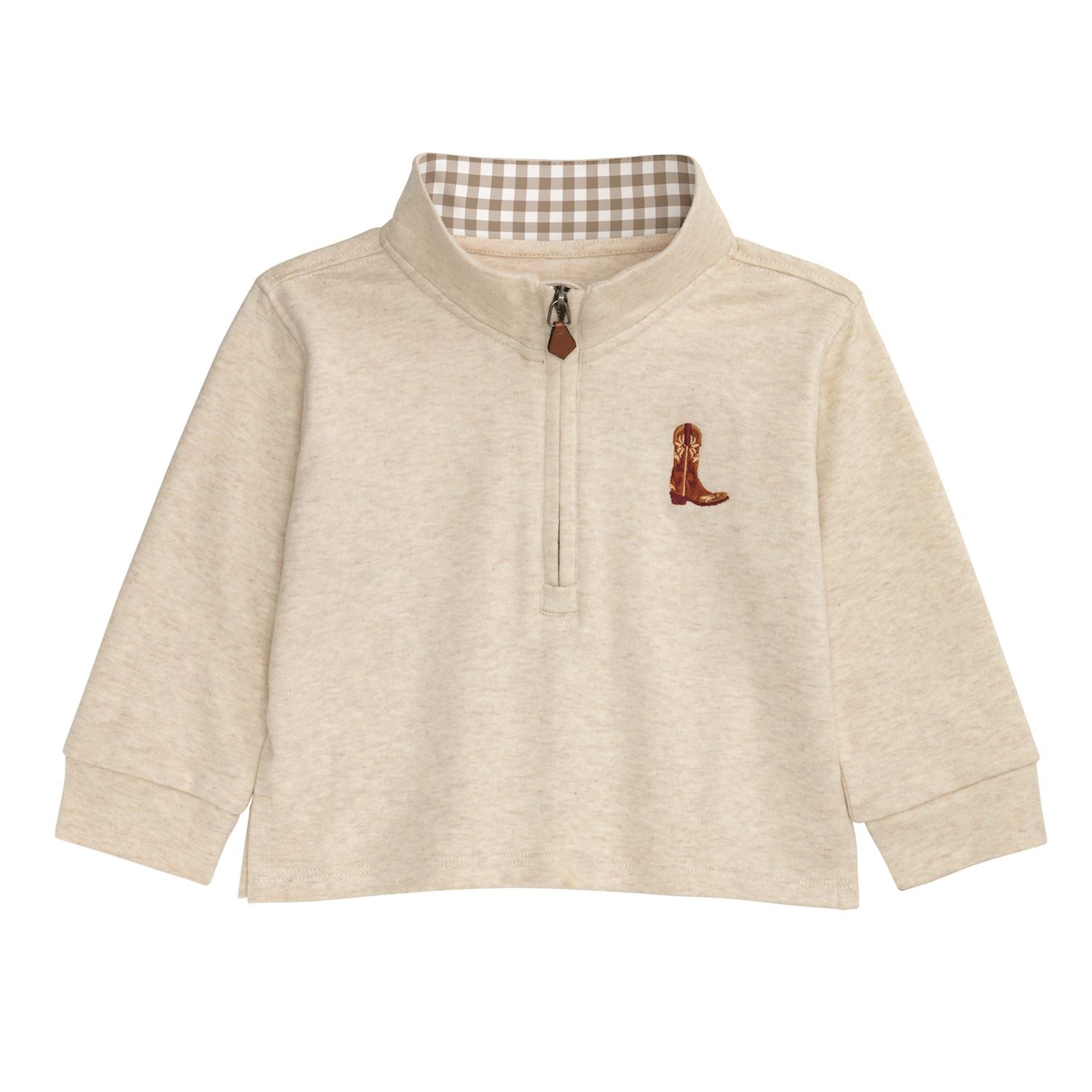 Beige children's sweatshirt with a small embroidered design on a white background