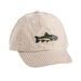 Beige checkered cap with fish embroidery on a white background