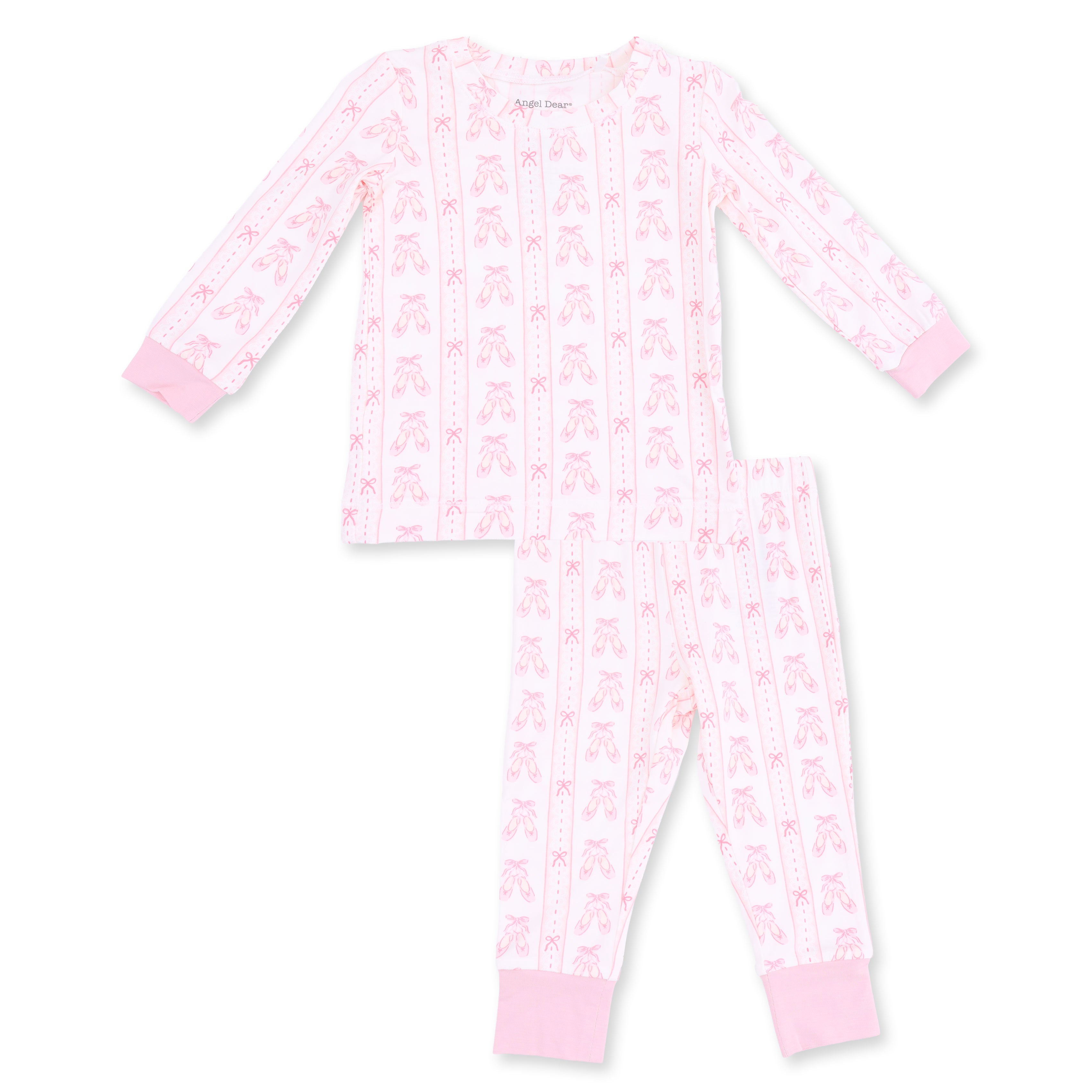 A two-piece baby pajama set featuring a long-sleeve top and matching pants in white with a pink ballet dancer pattern and solid pink cuffs and hem.