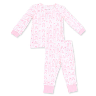 A two-piece baby pajama set featuring a long-sleeve top and matching pants in white with a pink ballet dancer pattern and solid pink cuffs and hem.