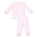 A two-piece baby pajama set featuring a long-sleeve top and matching pants in white with a pink ballet dancer pattern and solid pink cuffs and hem.