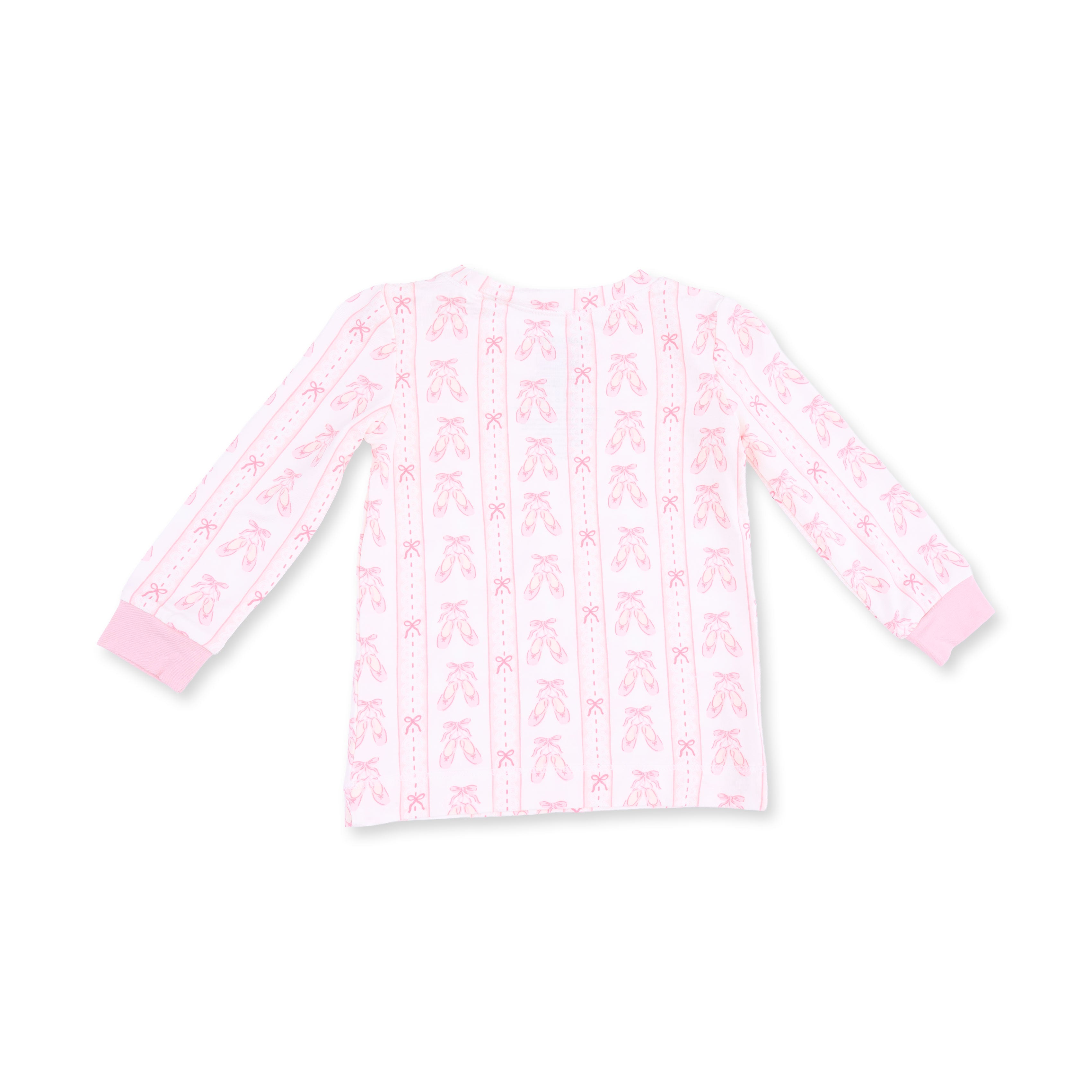A long-sleeve baby or toddler top in white with a pink ballet dancer pattern and solid pink cuffs, shown flat on a white background.
