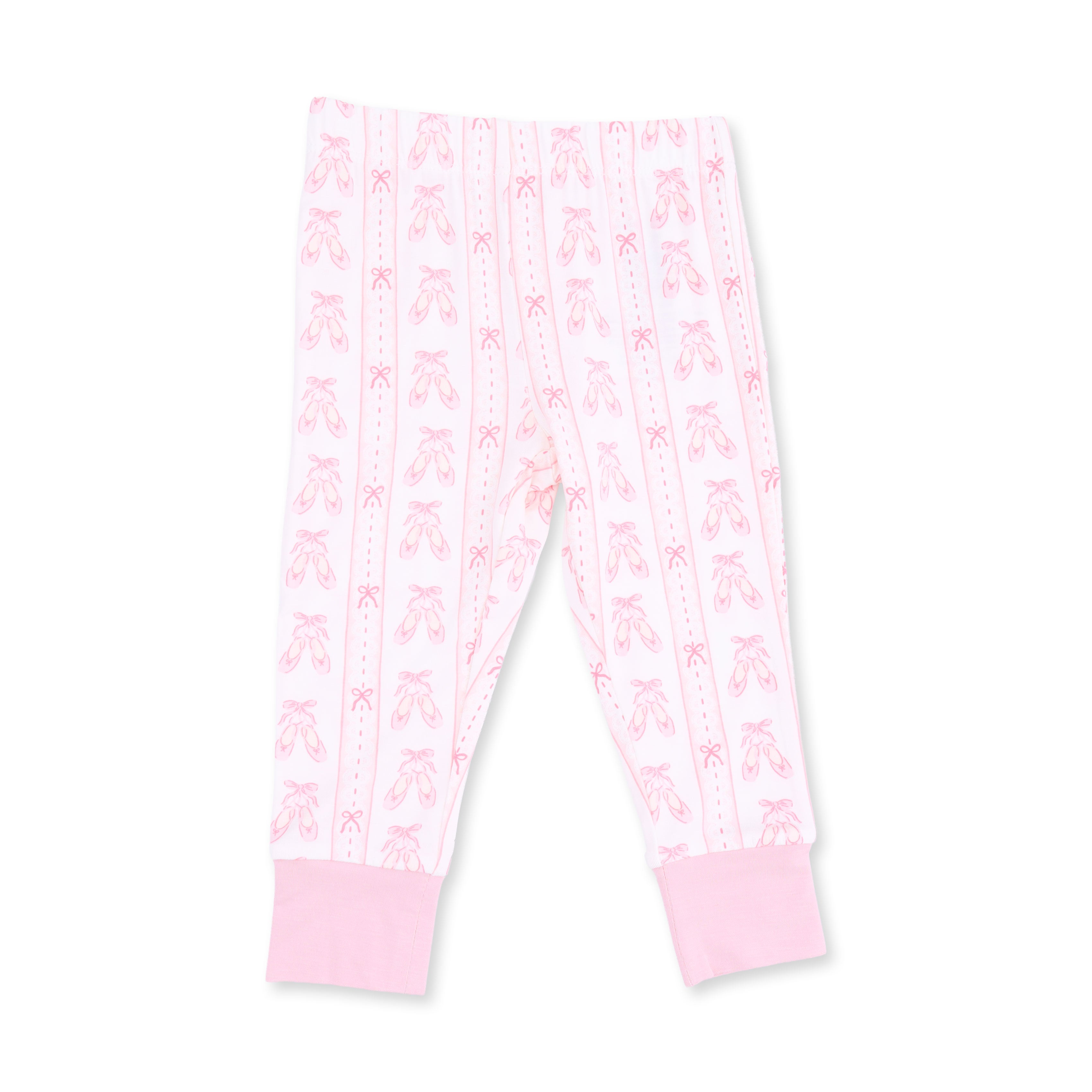 Pink and white striped baby leggings with a repeating ballet dancer pattern and solid pink cuffs.