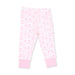 Pink and white striped baby leggings with a repeating ballet dancer pattern and solid pink cuffs.