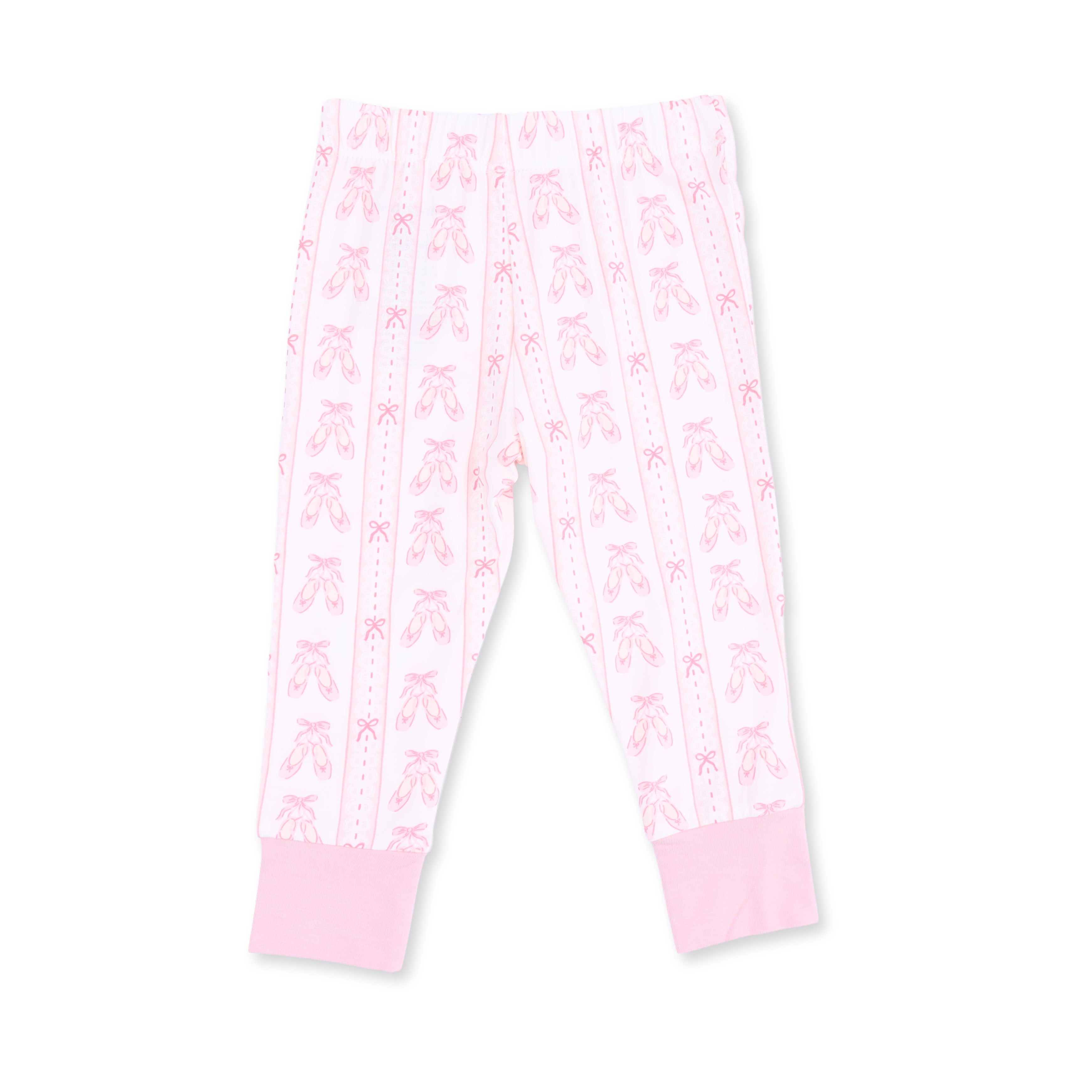 White and pink striped baby leggings with a repeating ballet shoe pattern and solid pink ribbed cuffs, shown flat on a white background.