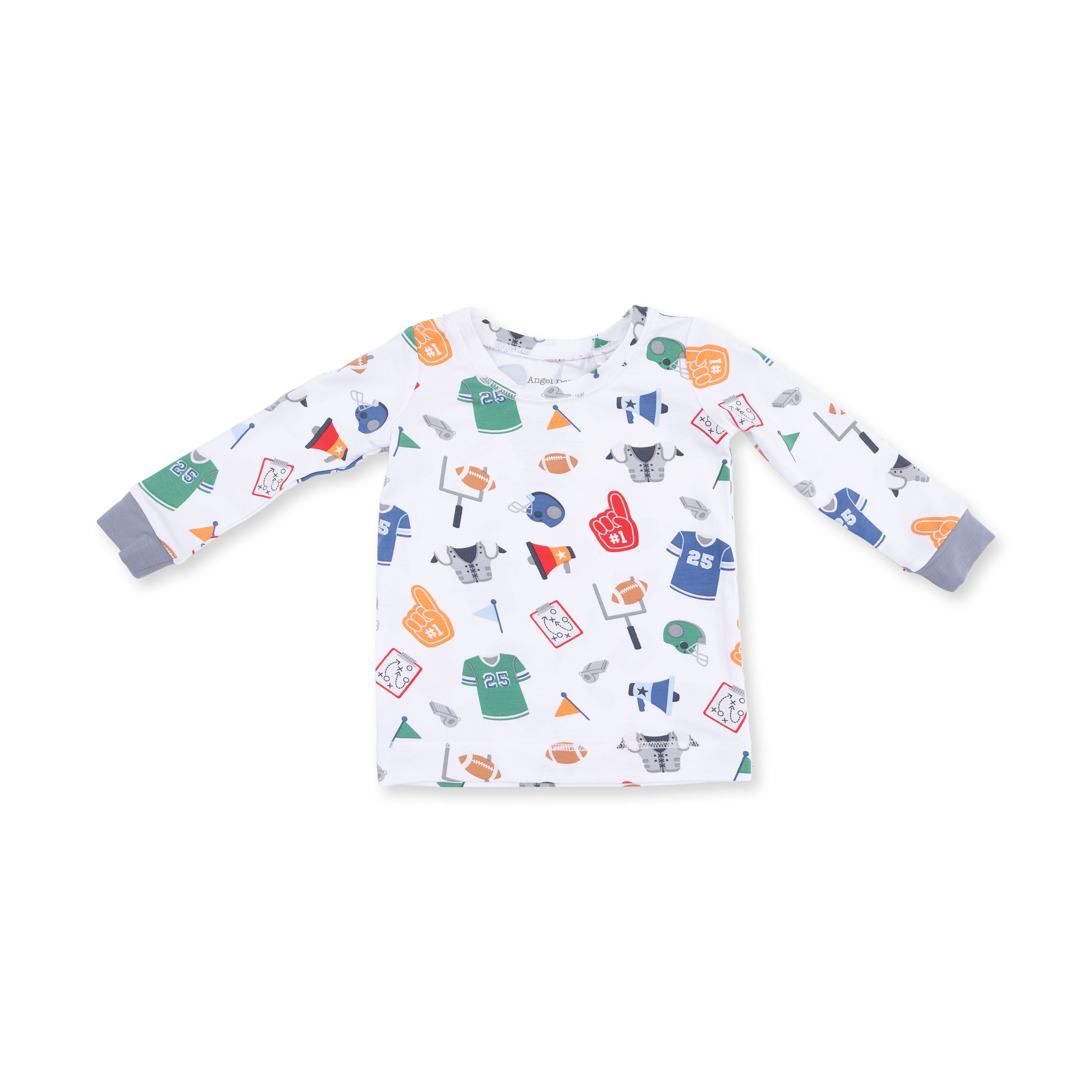 Children's long-sleeve shirt with colorful football pattern on a white background