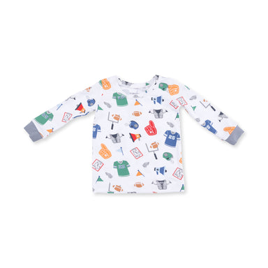 Children's long-sleeve shirt with colorful football pattern on a white background