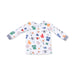 Children's long-sleeve shirt with colorful football pattern on a white background