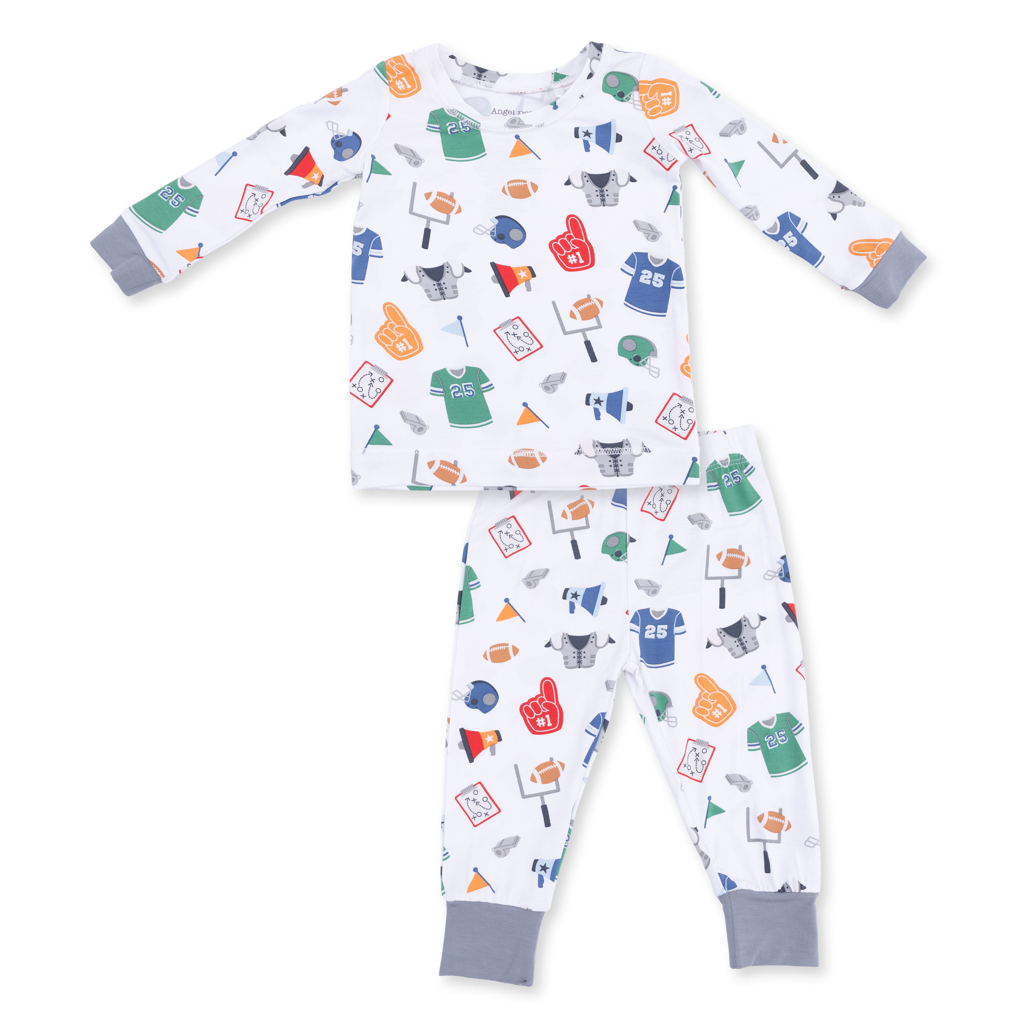 Children's pajama set with colorful football pattern on a white background