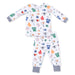 Children's pajama set with colorful football pattern on a white background