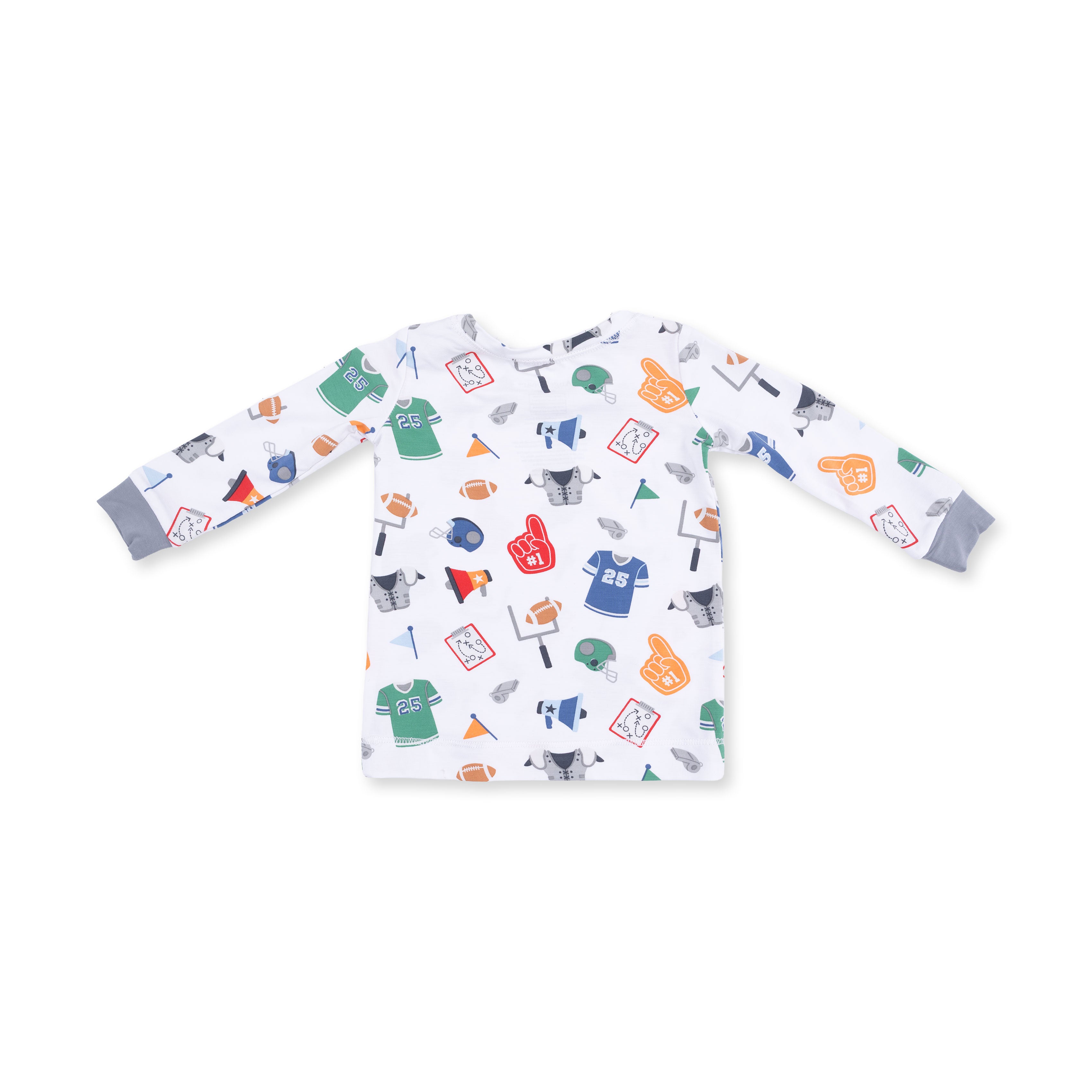 Children's long-sleeve shirt with colorful football pattern on a white background