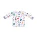 Children's long-sleeve shirt with colorful football pattern on a white background