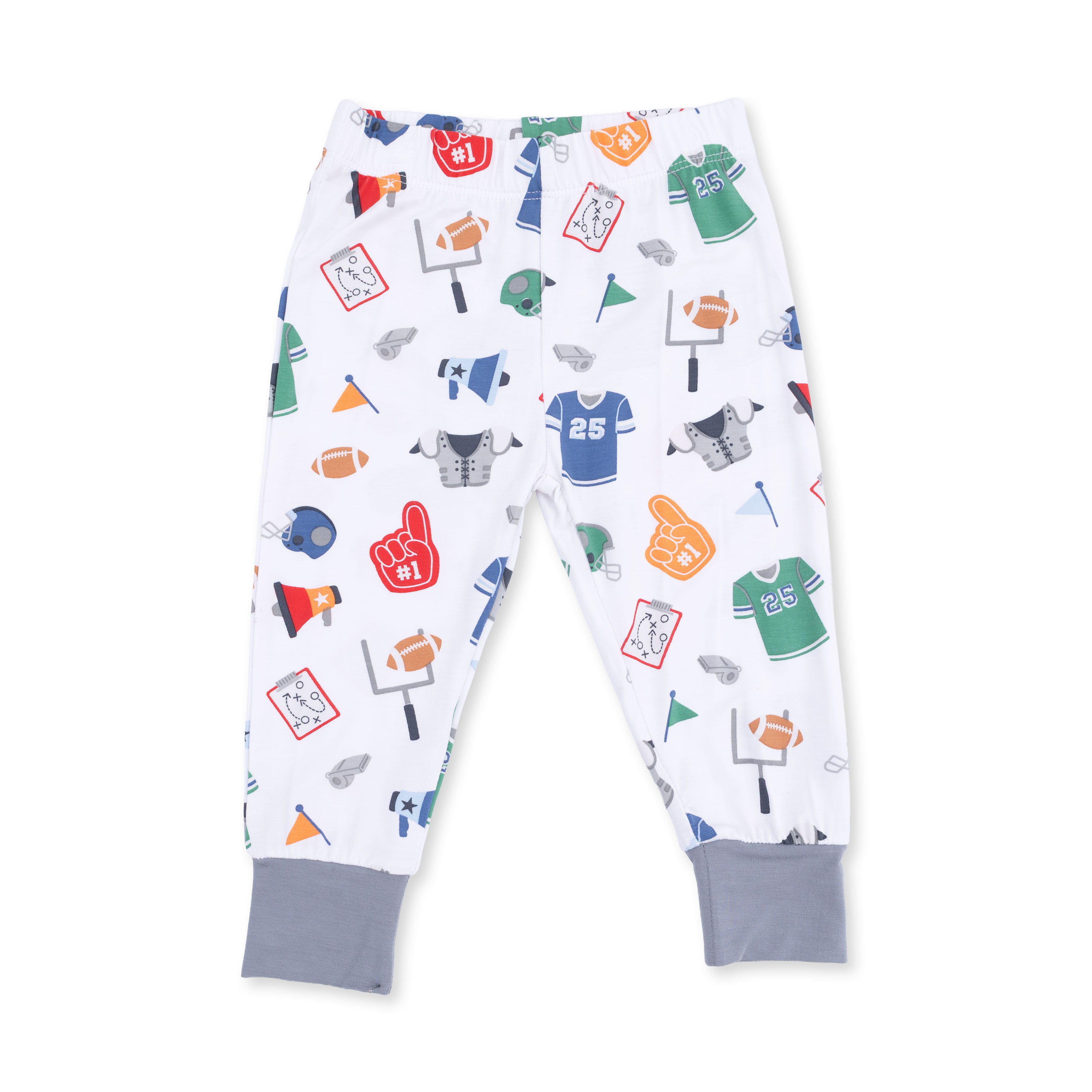 Children's pajama pants with sports-themed pattern on a white background