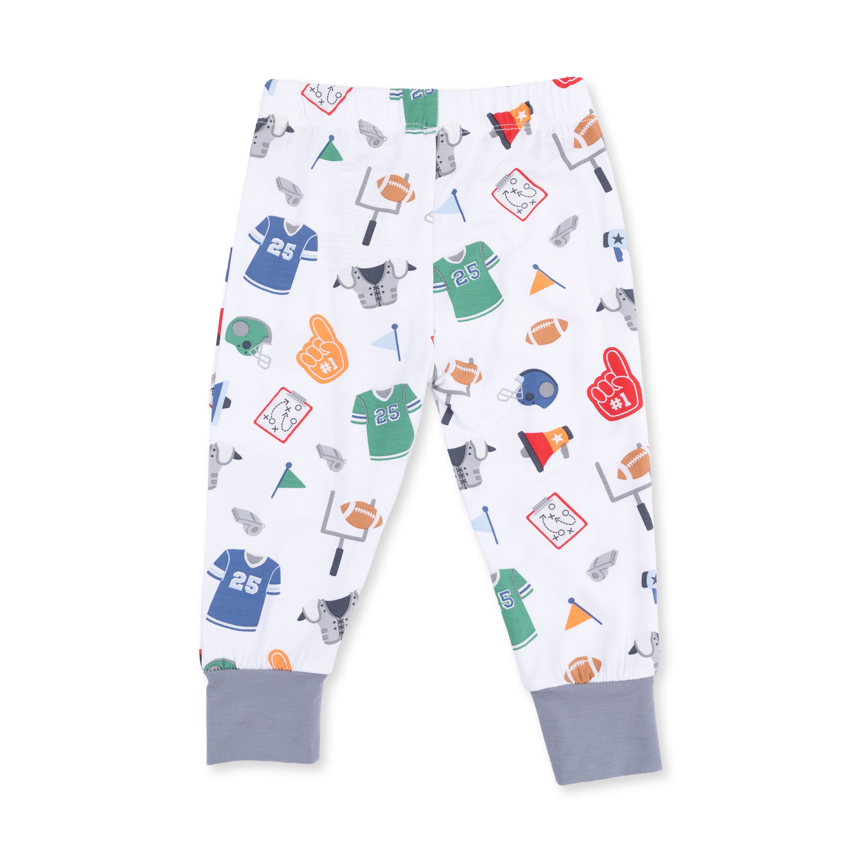 Children's pajama pants with sports-themed pattern on a white background