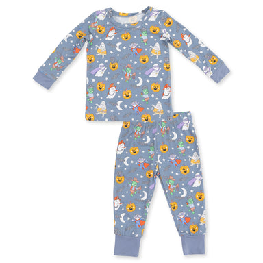 A two-piece children's pajama set featuring a long-sleeve top and matching pants in a dusty blue color, both printed with a festive Halloween pattern of smiling pumpkins, ghosts, moons, and stars. The pajamas are displayed flat against a solid white background.