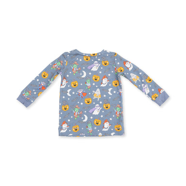 A long-sleeve baby t-shirt in dusty blue with an all-over Halloween print featuring pumpkins, ghosts, moons, and stars, shown flat on a white background.