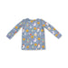 A long-sleeve baby t-shirt in dusty blue with an all-over Halloween print featuring pumpkins, ghosts, moons, and stars, shown flat on a white background.