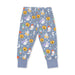 A pair of children's pajama pants in a dusty blue color, featuring an all-over Halloween print with pumpkins, ghosts, cats, and stars. The pants have an elastic waistband and ribbed ankle cuffs.