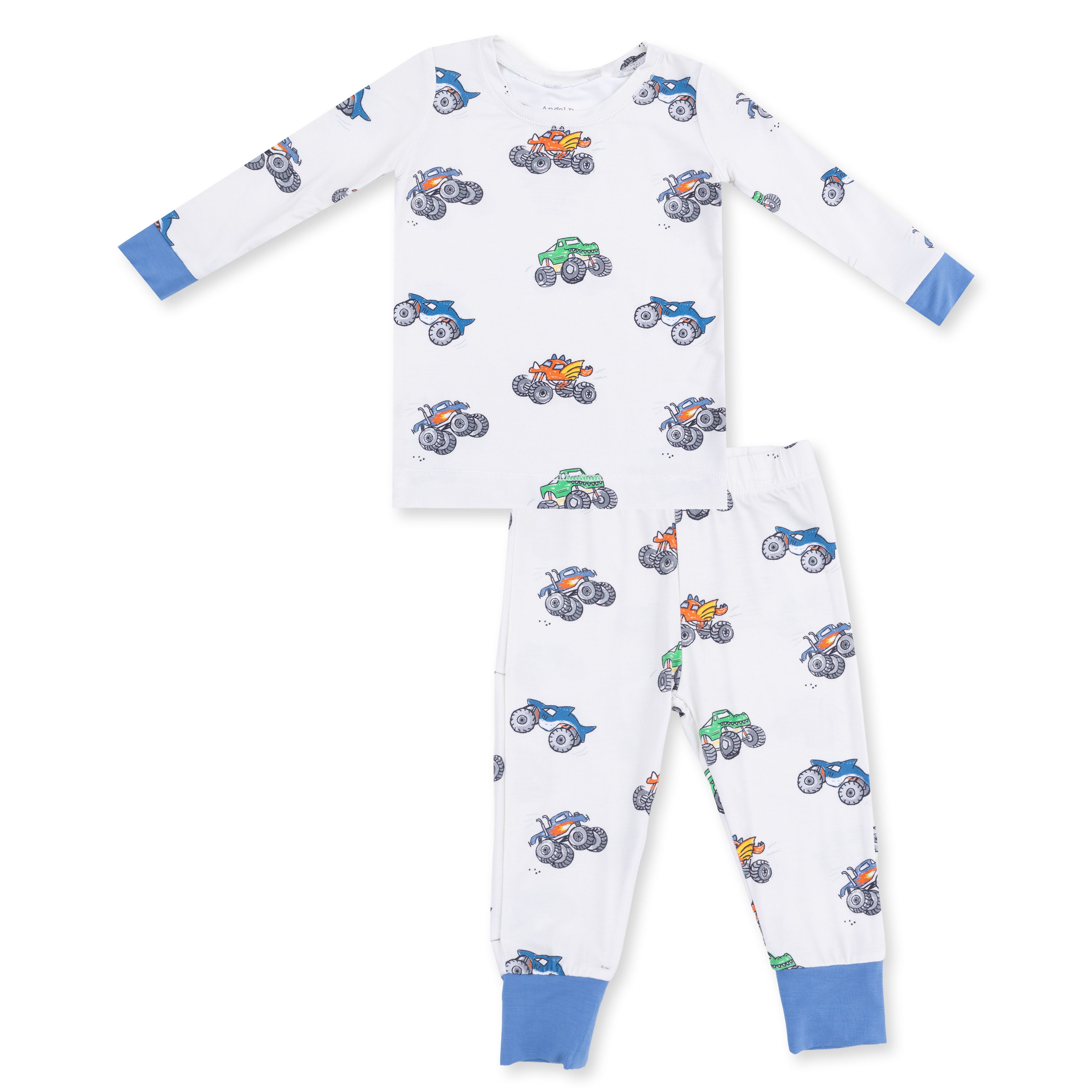 Children's pajamas with colorful monster truck pattern on a white background
