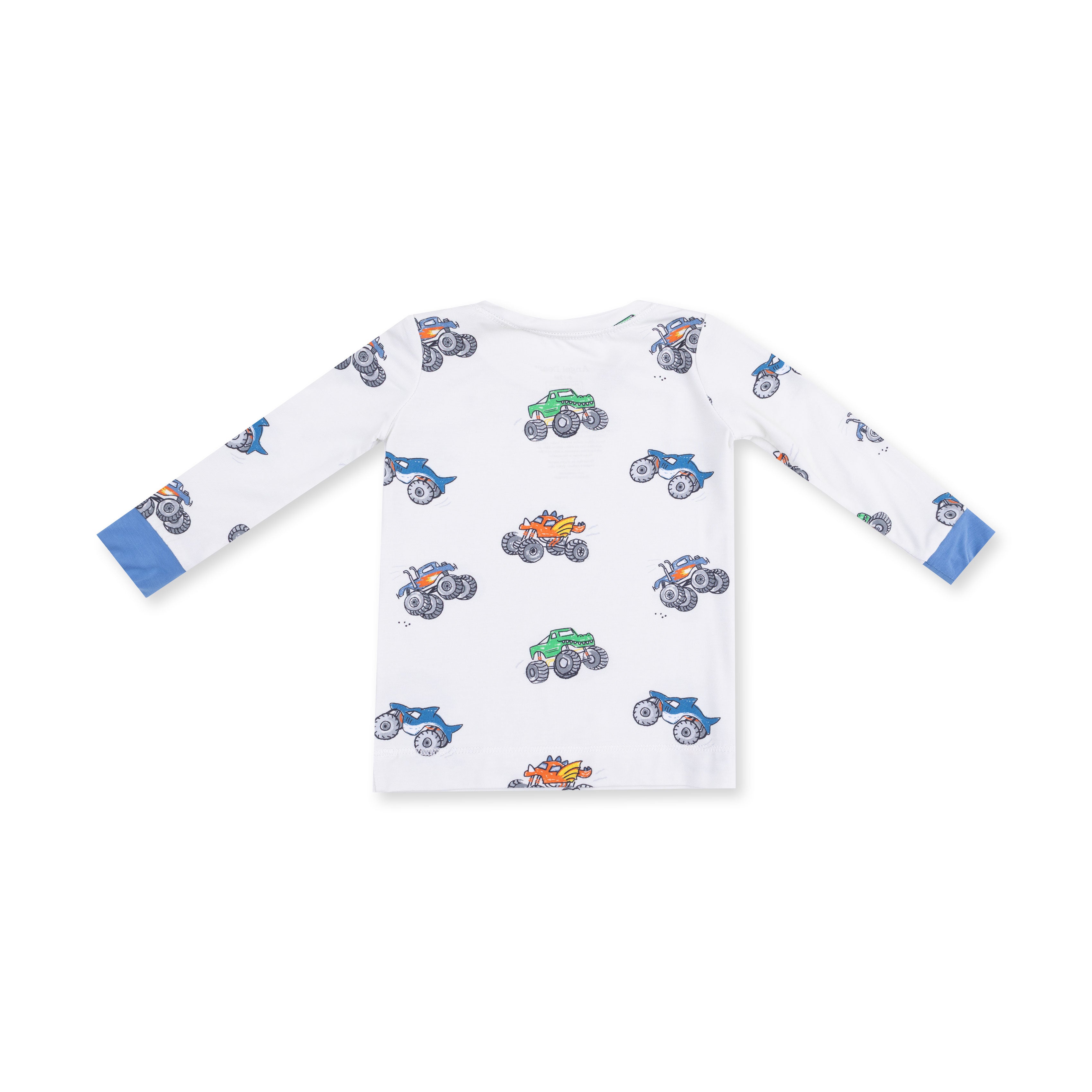 White long-sleeve shirt with colorful monster truck pattern on a white background