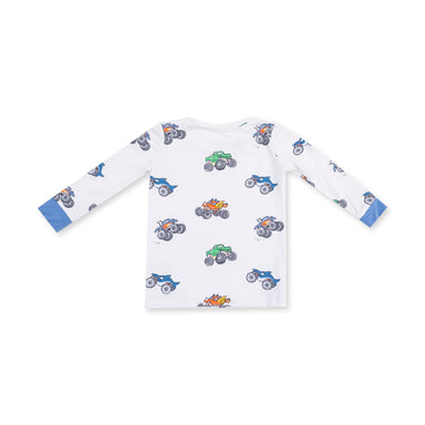 White long-sleeve shirt with colorful monster truck pattern on a white background