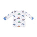 White long-sleeve shirt with colorful monster truck pattern on a white background