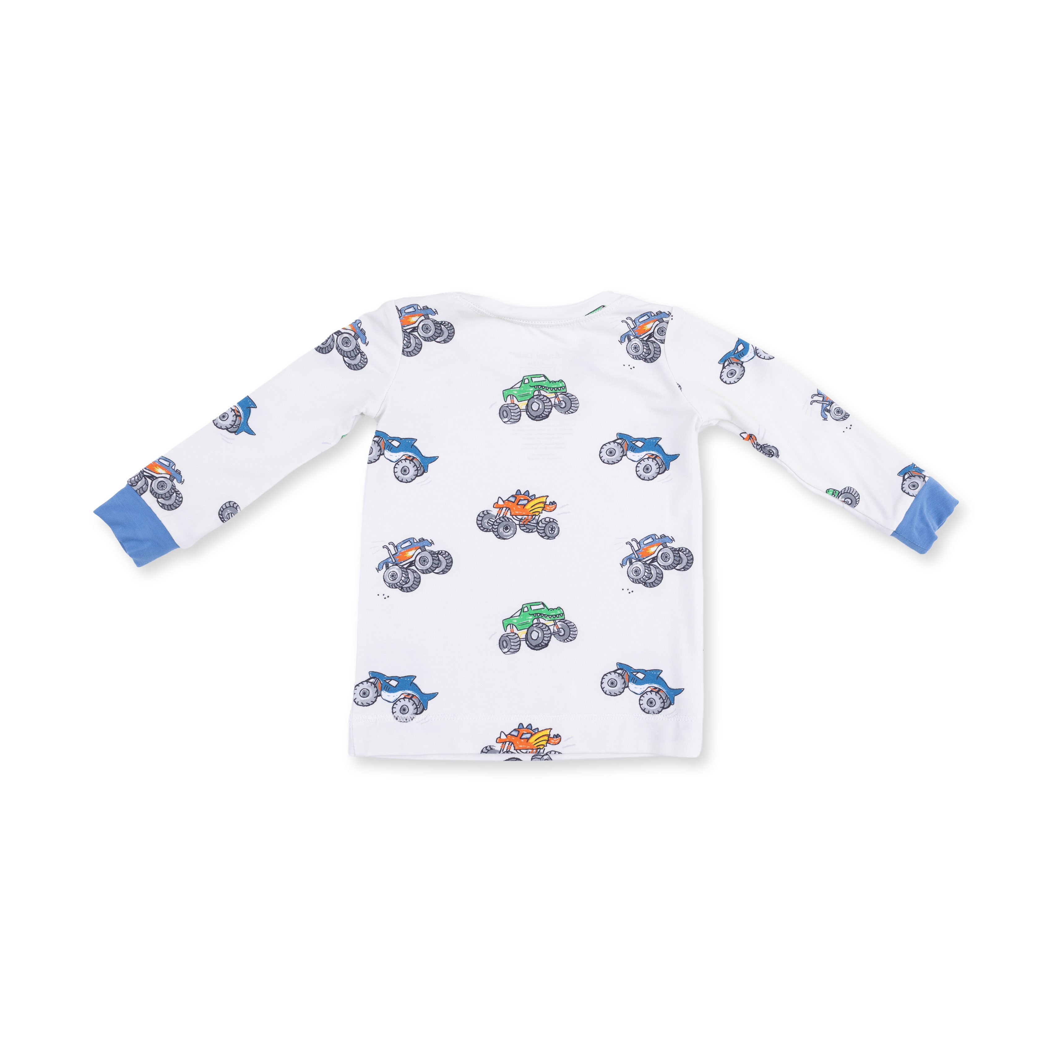 White long-sleeve shirt with blue and green monster truck pattern on a white background