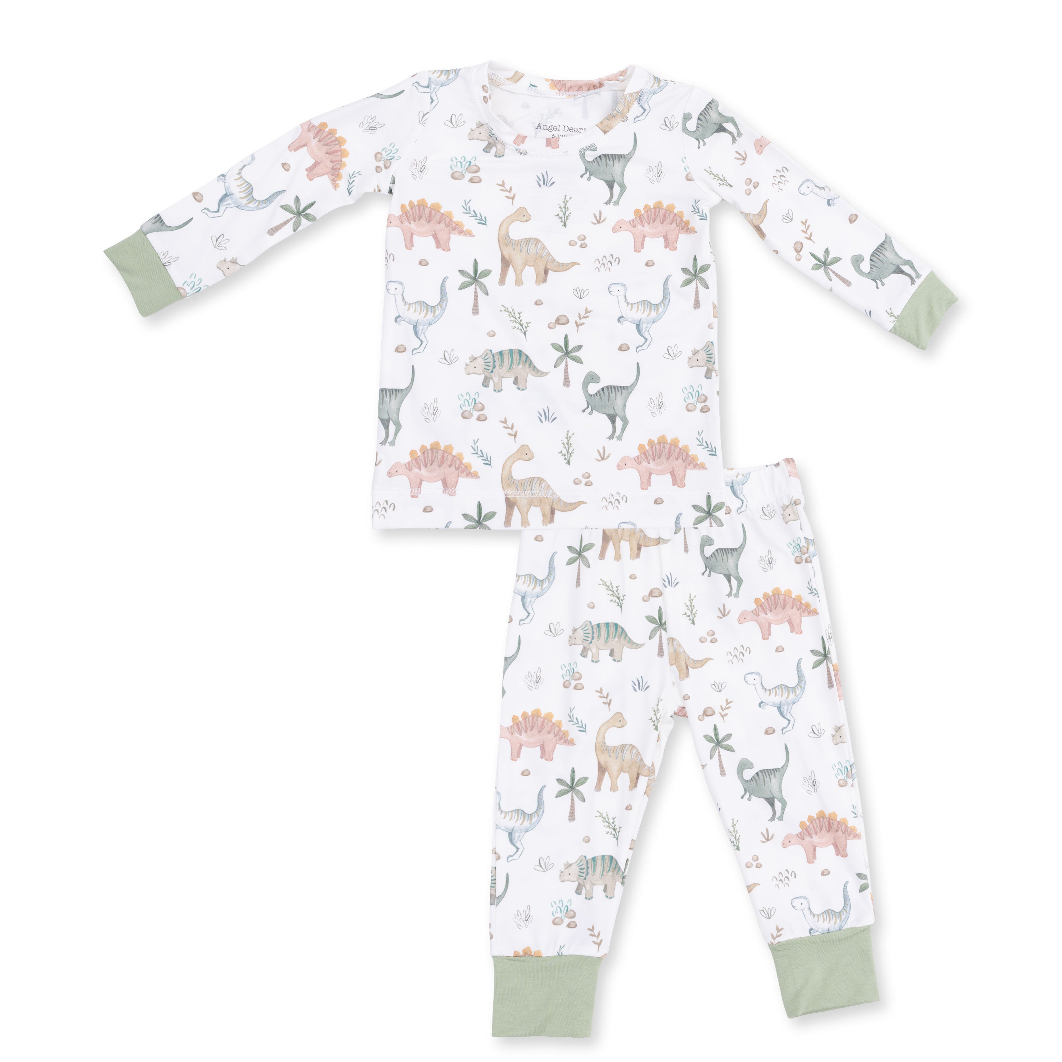Children's pajama set with dinosaur pattern on a white background