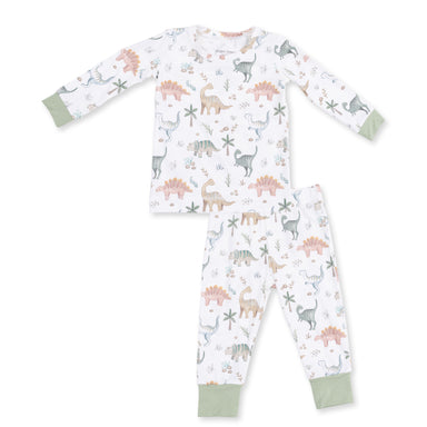 Children's pajama set with dinosaur pattern on a white background