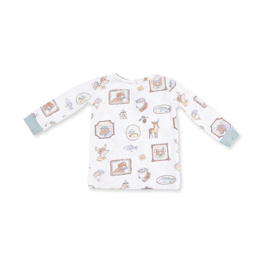 Children's long-sleeve shirt with nature-themed pattern on a white background