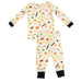 white loungewear set with multicolor halloween candy print and black on wrists and ankle cuffs