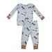 back of blue long sleeved loungewear set with brown horses print