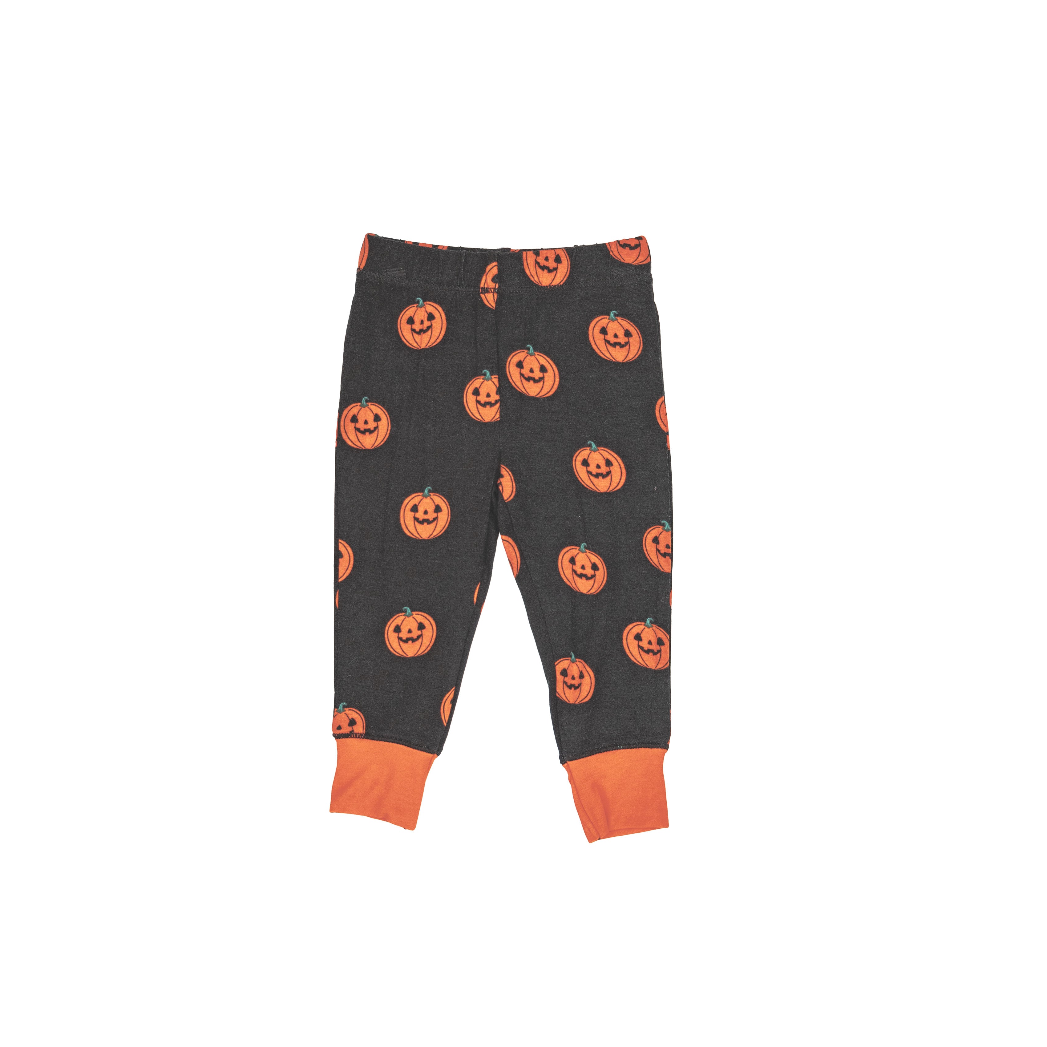 black lounge pants with orange jack o lantern print and orange cuffs on ankles