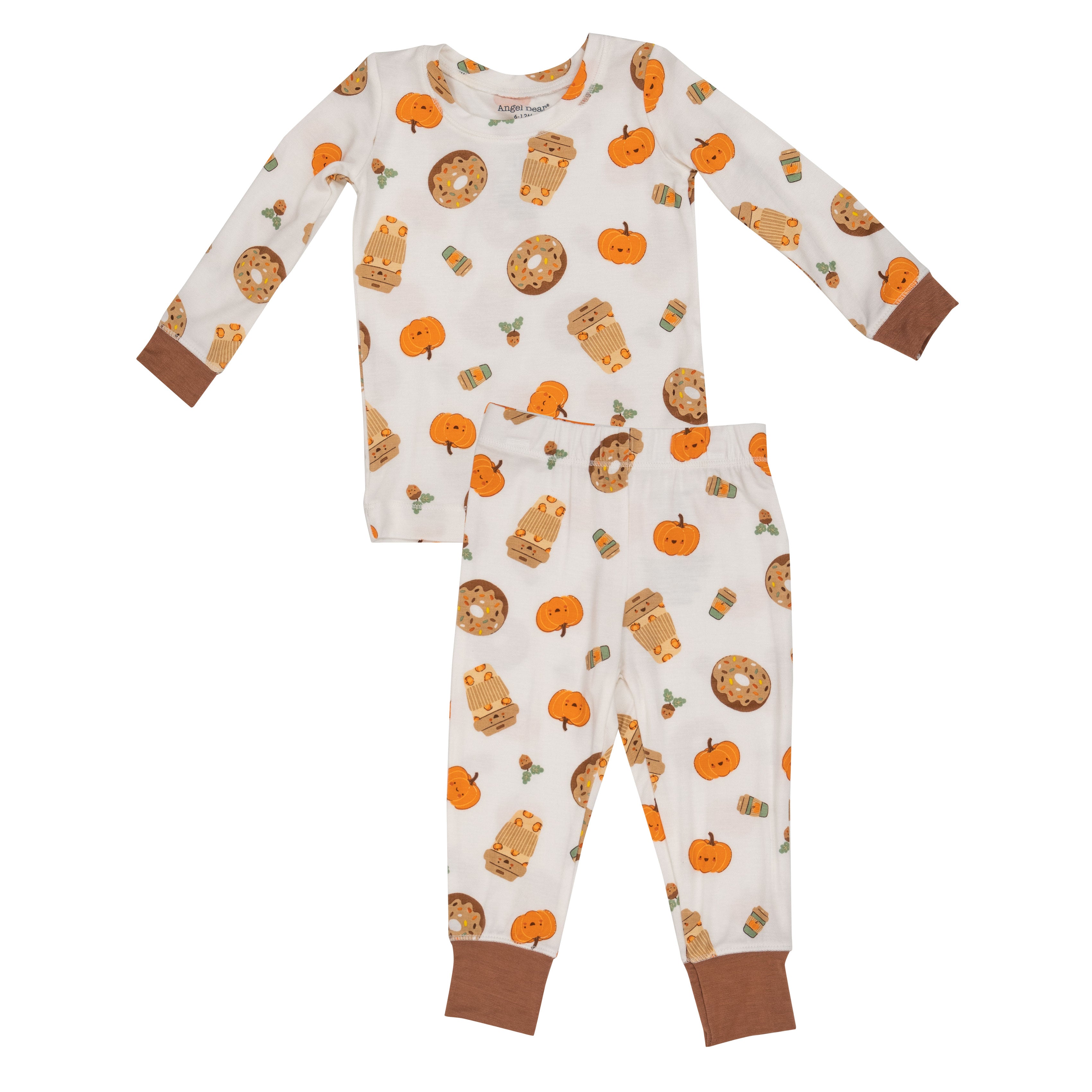 white loungewear set with pumpkin spice donuts, pumpkins and pumpkin spice coffee with brown on the wrist and ankles