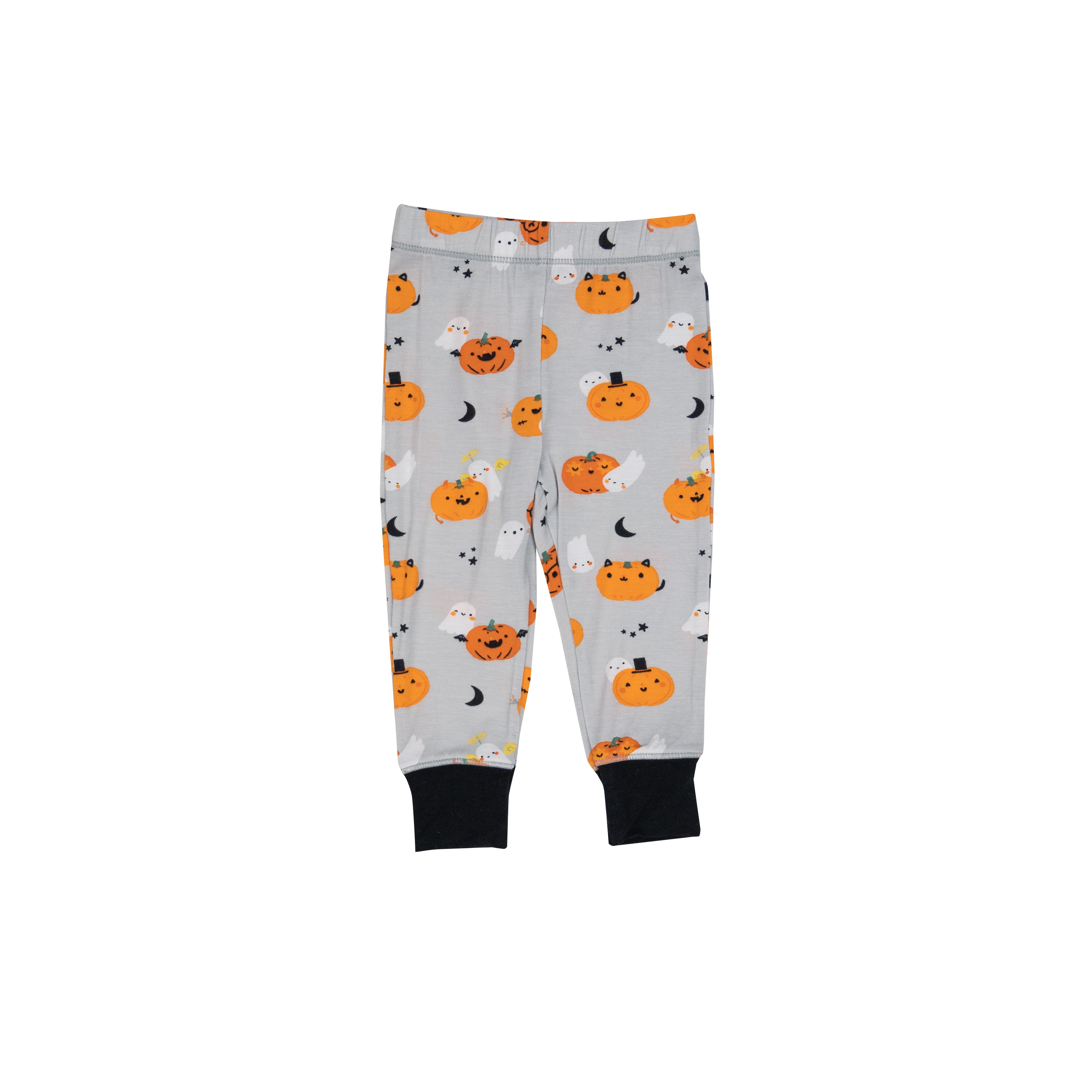 gray lounge pants with ghosts and orange pumpkin print with black on the ankles 