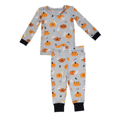 grey loungewear set with ghosts and pumpkins print and black on wrist and ankle cuffs