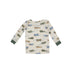off white lounge set top with blue, green and tan vintage airplanes print and green on the wrists and ankles