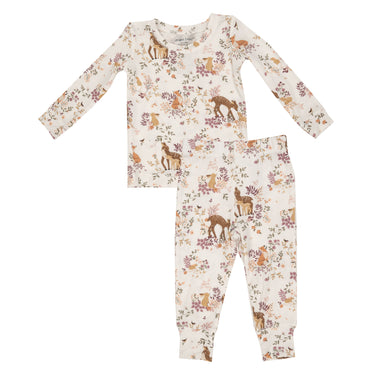 White two piece lounge set with floral and woodland animal print